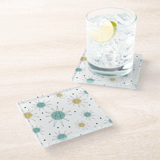 Blauwe en gele Franciscan Starburst Mid Century Glazen Onderzetter (Schuin)