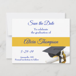 Blauwe en gele gradkap en tassel save the date
