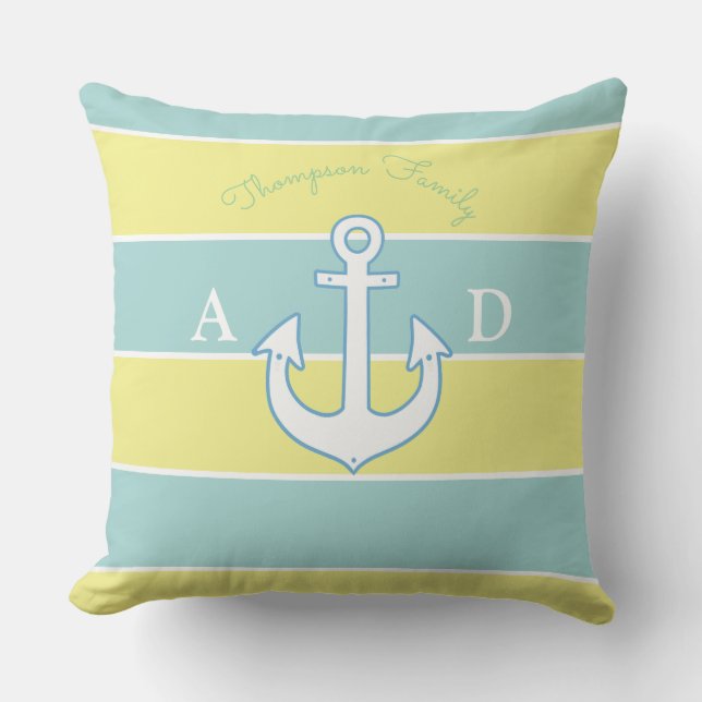 blauwe en gele grote strepen nautisch & monogramme buitenkussen (Voorkant)