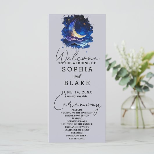 Blauwe en Gele Halve Maan Trouwprogramma (Staand voorkant)