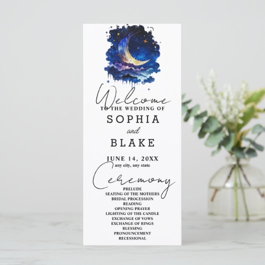 Blauwe en Gele Halve Maan Trouwprogramma (Staand voorkant)