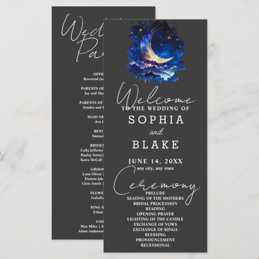 Blauwe en Gele Halve Maan Trouwprogramma (Voorkant / Achterkant)