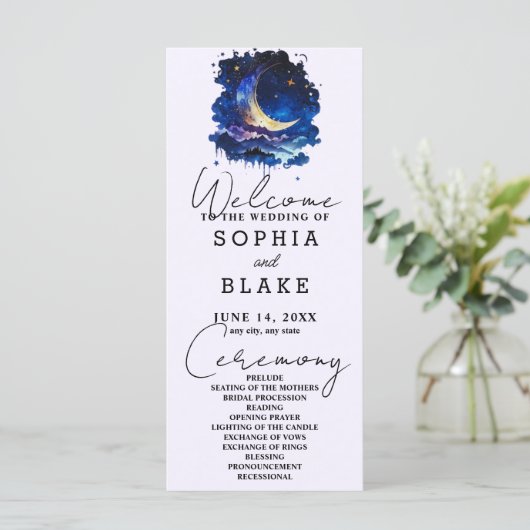 Blauwe en Gele Halve Maan Trouwprogramma (Staand voorkant)