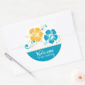 Blauwe en Gele Hibiscus Bloem Bruiloft Ronde Sticker (Envelop)