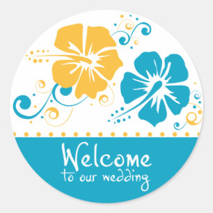 Blauwe en Gele Hibiscus Bloem Bruiloft Ronde Sticker