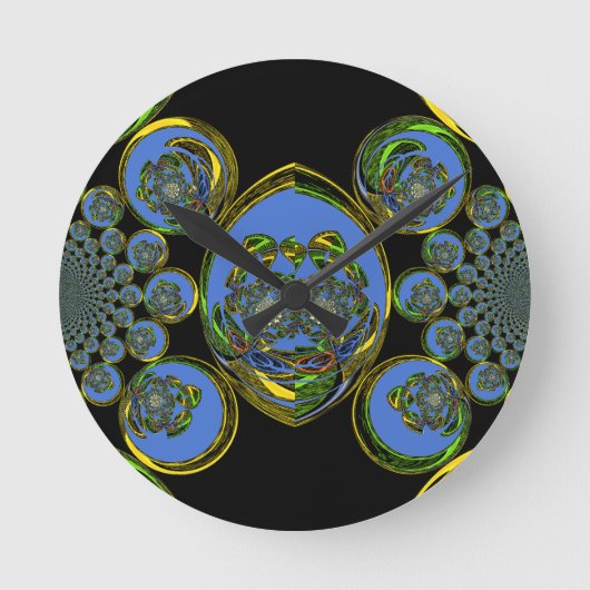 Blauwe en gele Kaleidoscoop Art Print Ronde Klok (Voorkant)