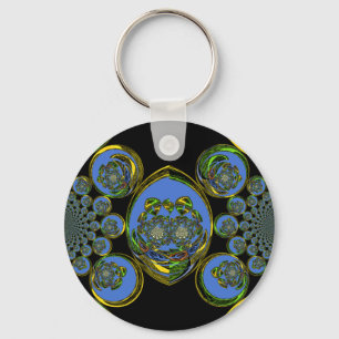Blauwe en gele Kaleidoscoop Art Print Sleutelhanger