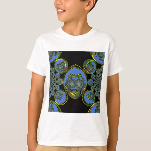 Blauwe en gele Kaleidoscoop Art Print T-shirt (Voorkant)