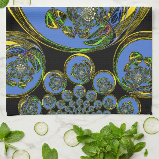 Blauwe en gele Kaleidoscoop Art Print Theedoek (Gevouwen)