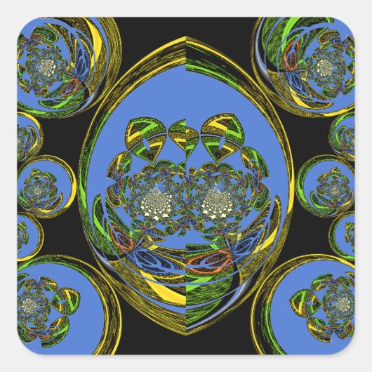 Blauwe en gele Kaleidoscoop Art Print Vierkante Sticker (Voorkant)