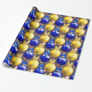 Blauwe en gele kerstballen met strikjes cadeaupapier