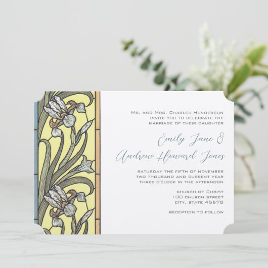 Blauwe en gele kunst Deco Iris Wedding Uitnodiging (Staand voorkant)