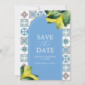Blauwe en Gele Lemon Amalfi Bruiloft Aankondiginge Save The Date (Voorkant)