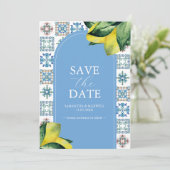 Blauwe en Gele Lemon Amalfi Bruiloft Aankondiginge Save The Date (Staand voorkant)