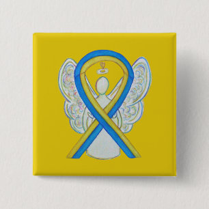 Blauwe en gele lint Awareness Angel Custom Pin Vierkante Button 5,1 Cm