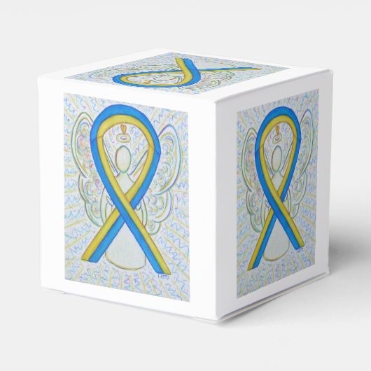 Blauwe en gele lintlintpartij bedankdoosjes (Achterkant)