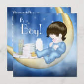 Blauwe en gele maan baby boy douche kaart (Voorkant / Achterkant)