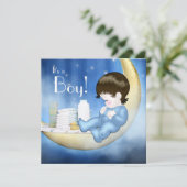Blauwe en gele maan baby boy douche kaart (Staand voorkant)