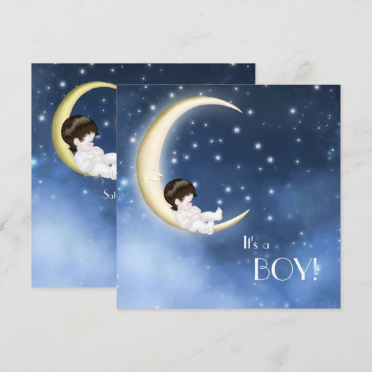 Blauwe en gele maan baby boy douche kaart (Voorkant / Achterkant)