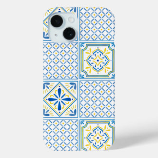 Blauwe en gele mediterraan Italiaans tegel iPhone 15 Case