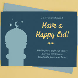 Blauwe en gele moskee Eid al-Fitr Feestdagenkaart