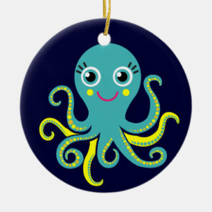 Blauwe en gele octopus keramisch ornament