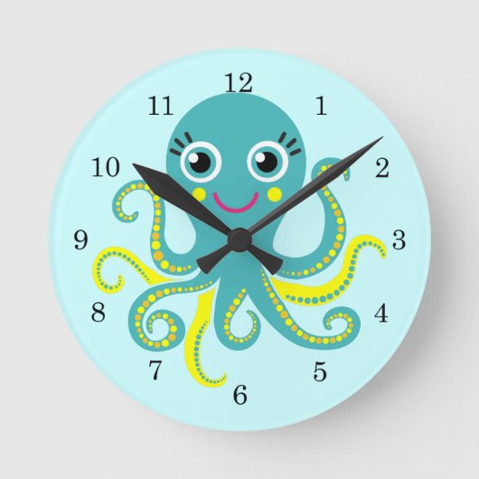 Blauwe en Gele Octopus Ronde Klok (Voorkant)