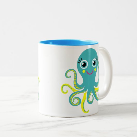 Blauwe en gele octopus tweekleurige koffiemok (Voorkant rechts)