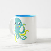 Blauwe en gele octopus tweekleurige koffiemok (Voorkant links)