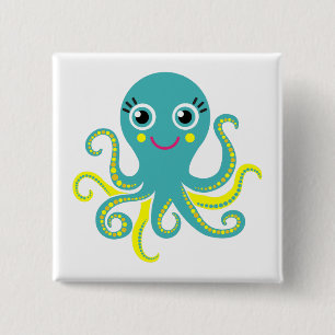 Blauwe en gele octopus vierkante button 5,1 cm