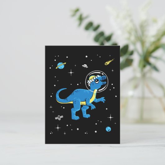 Blauwe en gele pachycephalosaurus dinos in de ruim briefkaart (Staand voorkant)