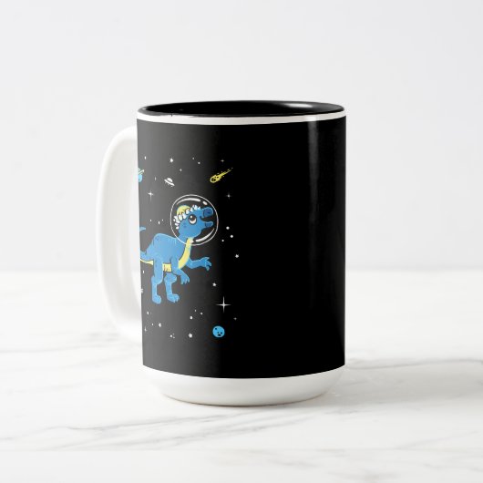 Blauwe en gele pachycephalosaurus dinos in de ruim tweekleurige koffiemok (Voorkant links)