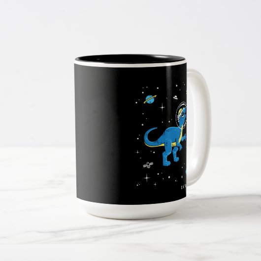 Blauwe en gele pachycephalosaurus dinos in de ruim tweekleurige koffiemok (Voorkant rechts)