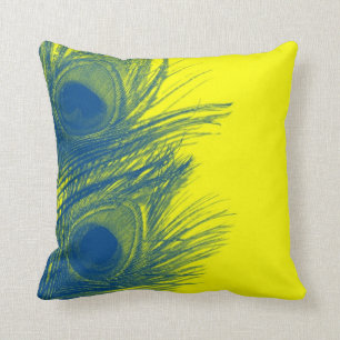 Blauwe en gele peacock-ventilator kussen