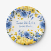 Blauwe en Gele Pioen Bloemen Vrijgezellenfeest Papieren Bordje (Voorkant)