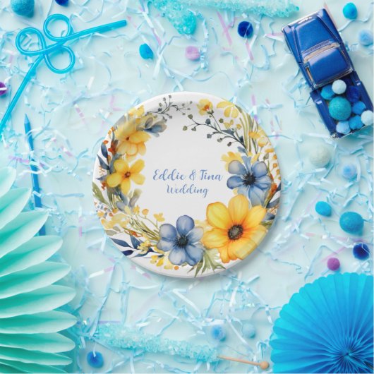 Blauwe en Gele Pioenenkrans Bloemenbruiloft Papieren Bordje (Feest)