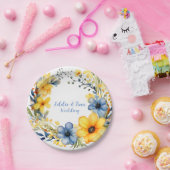 Blauwe en Gele Pioenenkrans Bloemenbruiloft Papieren Bordje (Feest)