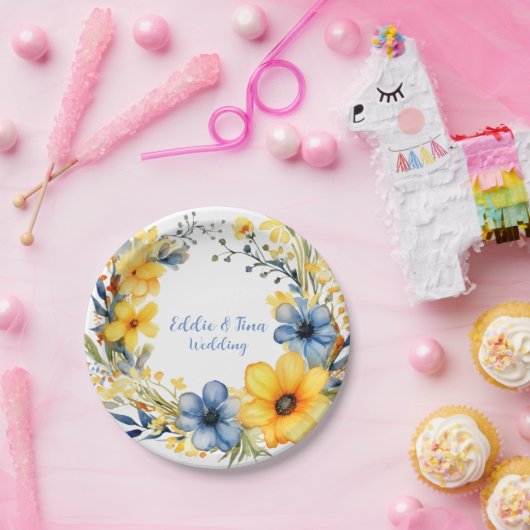 Blauwe en Gele Pioenenkrans Bloemenbruiloft Papieren Bordje (Feest)