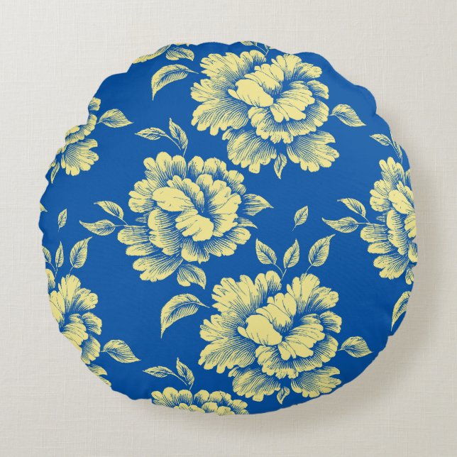 Blauwe en gele pony Toile - Frans country decor Rond Kussen (Voorkant)