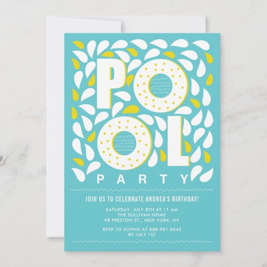 Blauwe en gele Pool Party Splash Birthday Kaart (Voorkant)