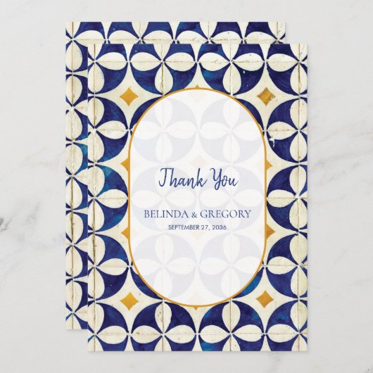 blauwe en gele Portugese patroonbruiloft Bedankkaart (Voorkant / Achterkant)
