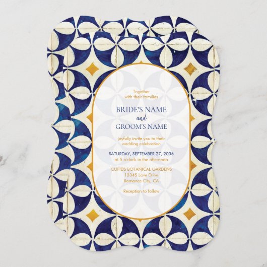 blauwe en gele Portugese patroonbruiloft Kaart (Voorkant / Achterkant)