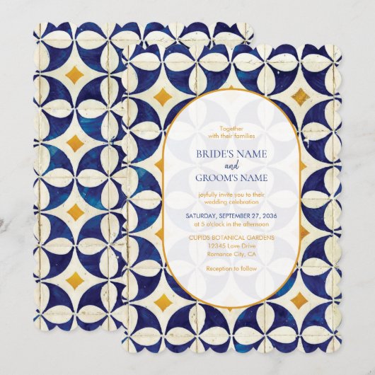 blauwe en gele Portugese patroonbruiloft Kaart (Voorkant / Achterkant)