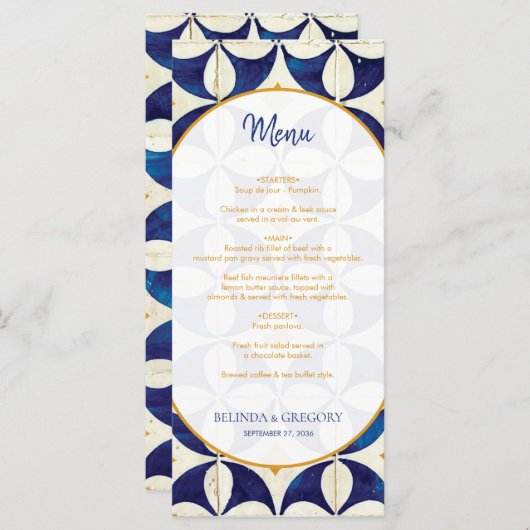 blauwe en gele Portugese patroonbruiloft Menu (Voorkant / Achterkant)