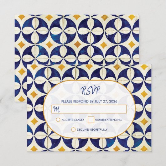  blauwe en gele Portugese patroonbruiloft RSVP Kaartje (Voorkant / Achterkant)