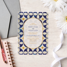 blauwe en gele Portugese patroonbruiloft Vellum Uitnodigingen