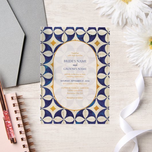  blauwe en gele Portugese patroonbruiloft Vellum Uitnodigingen (Huwelijk)