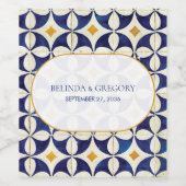 blauwe en gele Portugese patroonbruiloft Wijn Etiket (Enkel label)