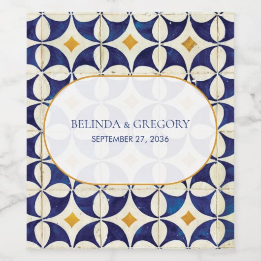 blauwe en gele Portugese patroonbruiloft Wijn Etiket (Enkel label)