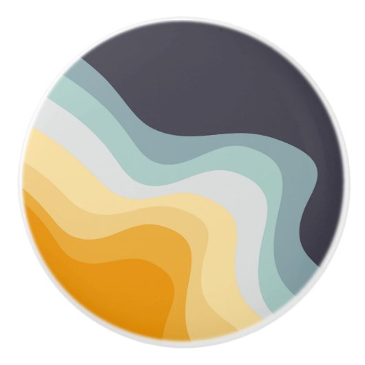 Blauwe en gele retro stijl golven keramische knop (Voorkant)